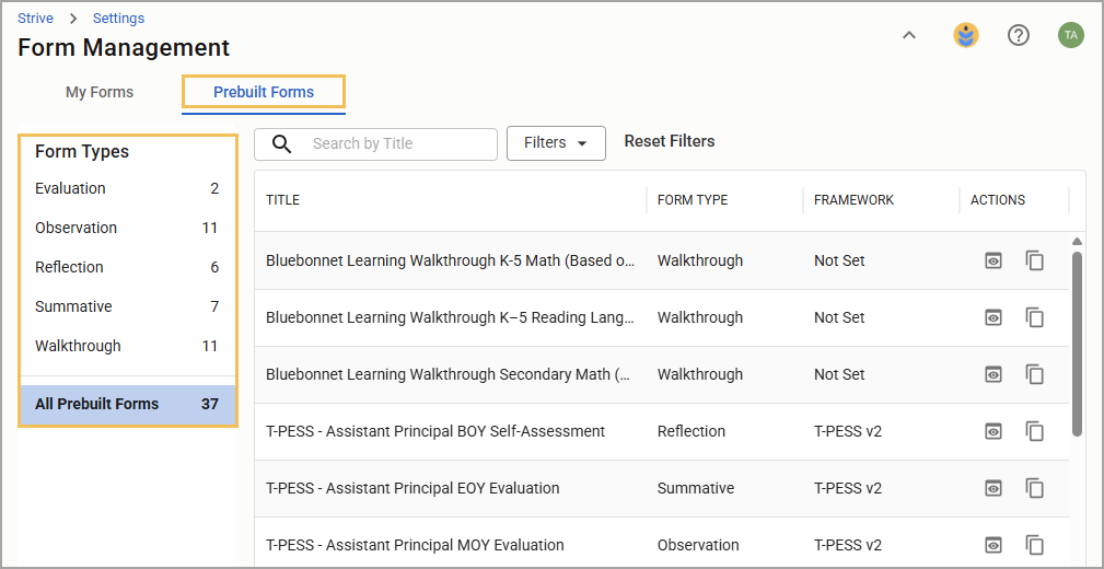 Overview of prebuilt forms in the Form Management section with various types listed.